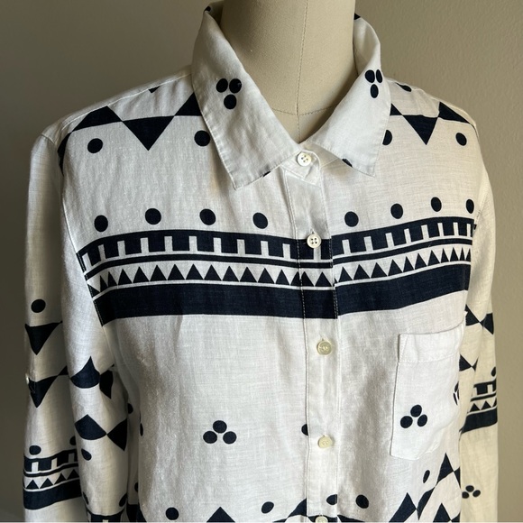 J Crew Linen Size 10 Shirt Blouse Navy Blue White Rollup Sleeves - Picture 16 of 16